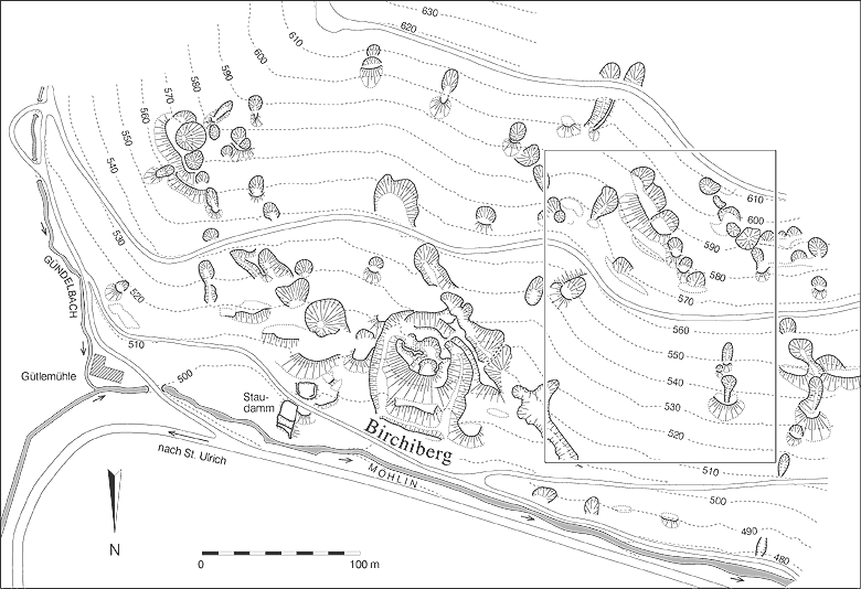 topographische Übersicht des Bergbaureviers am Birkenberg